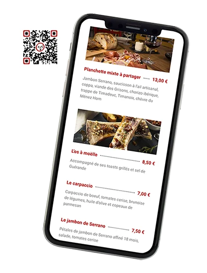 Carte digitale d'un restaurant affichée sur smartphone, avec son QR code