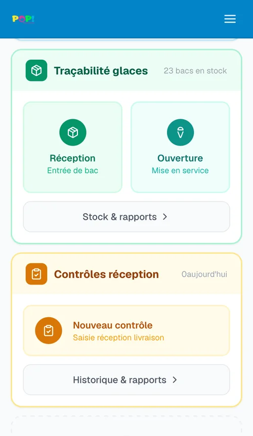 Écran du PMS PianoClic chez POP! : traçabilité des glaces et contrôles à réception